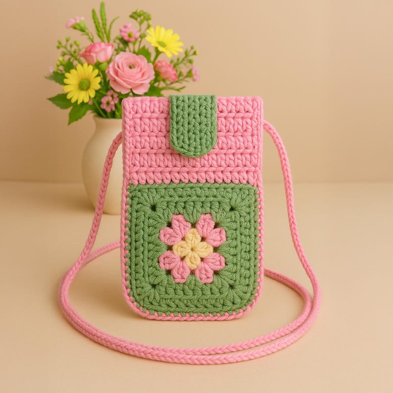 Granny Square Flower Crochet Phone Bag PDF Pattern – Cute Pink Green Crossbody Pouch Tutorial – DIY Floral Mobile Purse Pattern