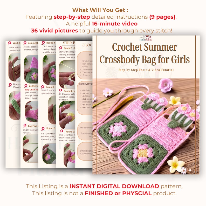 Granny Square Flower Crochet Phone Bag PDF Pattern – Cute Pink Green Crossbody Pouch Tutorial – DIY Floral Mobile Purse Pattern