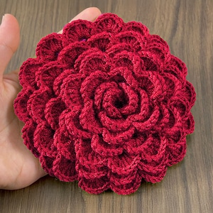 May include: A large, red crocheted flower with a layered, ruffled design.