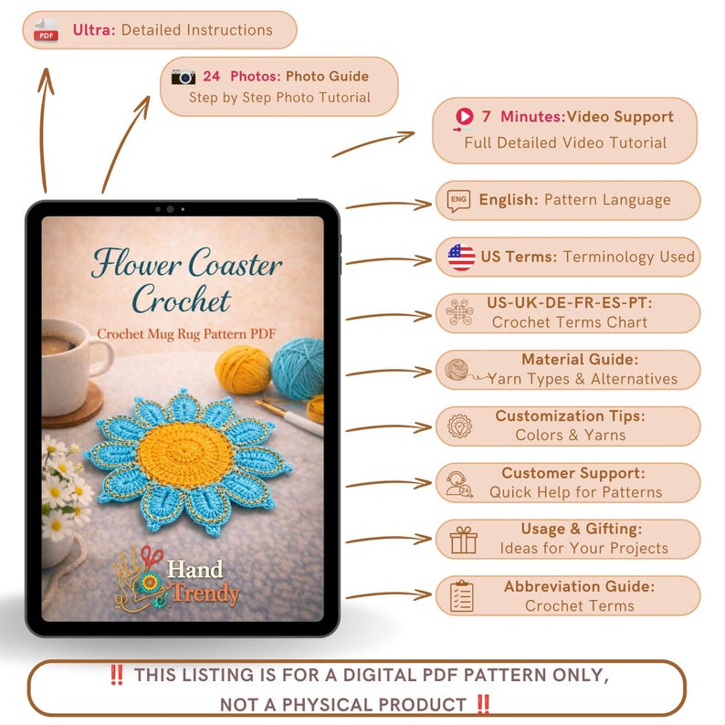 Crochet Flower Coaster Pattern PDF, Blue Petal Mug Rug Design, Handmade Cup Mat Tutorial, English & German image 10