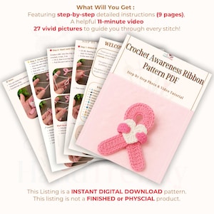 May include: A pink crochet awareness ribbon with a white heart, displayed with step-by-step instructions and a pattern PDF. The listing includes a digital download with a video tutorial and 27 pictures.