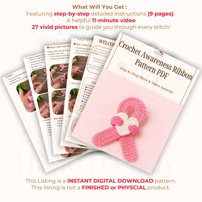 May include: A pink crochet awareness ribbon with a white heart, displayed with step-by-step instructions and a pattern PDF. The listing includes a digital download with a video tutorial and 27 pictures.