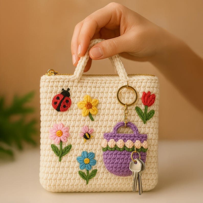 Floral Crochet Bag Keychain PDF Pattern – Mini Tulip Purse Keyring Tutorial (Digital Download) image 6