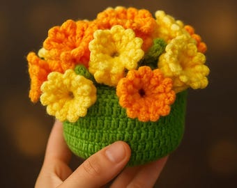 Crochet 3D Potted Flower Pattern, Amigurumi Floral Centerpiece (PDF Pattern)