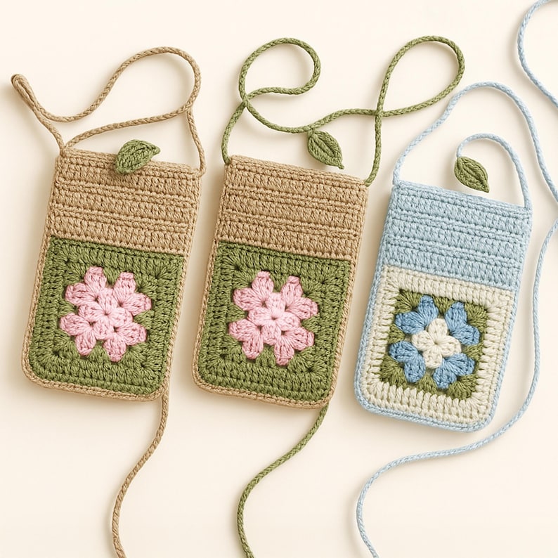 Granny Square Flower Crochet Phone Bag PDF Pattern – Cute Pink Green Crossbody Pouch Tutorial – DIY Floral Mobile Purse Pattern