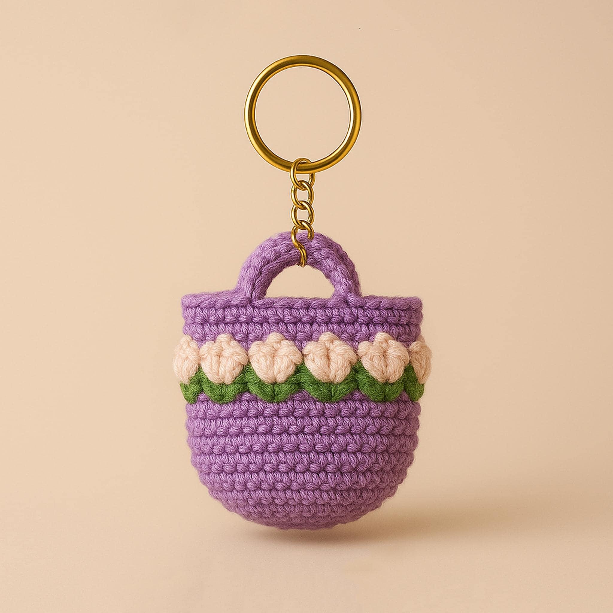 40 Mini Crochet Patterns for Small Makes, Keychains, and Tiny Amigurumi 19 Floral Crochet Bag Keychain