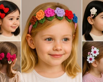 Crochet Hair Clips Bundle, Floral Bow & Daisy Clip Tutorials, Stylish Hair Clips for Kids and Babies, Gift for Craft Lovers