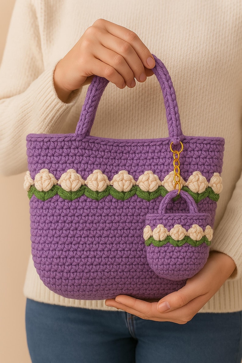Floral Crochet Bag Keychain PDF Pattern – Mini Tulip Purse Keyring Tutorial (Digital Download) image 5