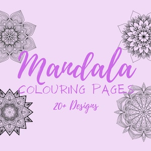 Puede incluir: Cuatro diseños de mandalas en blanco y negro sobre un fondo morado claro. El texto "Mandala Coloring Pages 20+ Designs" está escrito en morado.