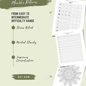 Puede incluir: Una descarga digital de más de 100 patrones de mandalas para colorear. Los patrones van de fácil a intermedio en dificultad. El texto en la imagen dice "100+ Mandala Patterns", "From Easy to Intermediate Difficulty Range", "Stress Relief", "Mental Clarity", "Improves Concentration" y "Buy Now".
