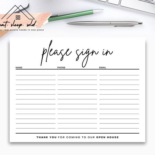 Open House Sign-In Sheet | Real Estate Marketing | Instant Download | PDF | Sign In Sheet | Real Estate Agent | Real Estate Printable
