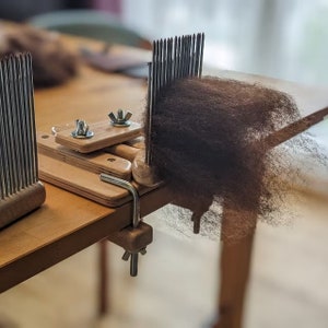 Wool combs for wool spinning. Wool carders holder. Spinning diz.