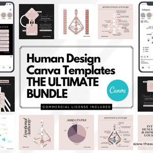 May include: A collection of Human Design Canva templates, including Instagram post mockups and charts. The templates feature a soft color palette with text such as "Profile Lines" and "The Ultimate Bundle". The Canva logo is also visible.