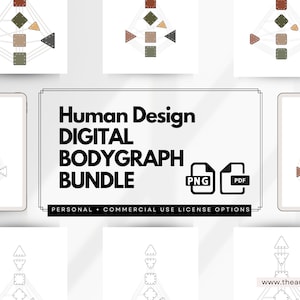 May include: Digital Human Design Bodygraph Bundle in PNG and PDF formats. The image shows various bodygraph designs in neutral colors, displayed on tablets and individual sheets. The bundle includes personal and commercial use license options.