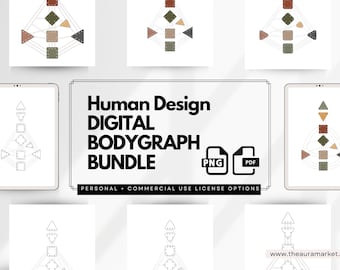 May include: Digital Human Design Bodygraph Bundle in PNG and PDF formats. The image shows various bodygraph designs in neutral colors, displayed on tablets and individual sheets. The bundle includes personal and commercial use license options.
