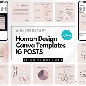 May include: A set of Human Design Canva templates for Instagram posts. The design features infographics with text including "Profile Lines", "The System", and "Motivation". The templates use a soft, neutral colour palette and include a Canva logo.