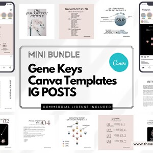 Peut inclure: Un ensemble de produits numériques avec des modèles Canva Gene Keys pour les publications Instagram. L'image présente divers modèles avec du texte et des graphiques, notamment des graphiques et des diagrammes. La palette de couleurs est douce, avec un mélange de beige, de noir et d'accents turquoise. Le logo Canva est visible.