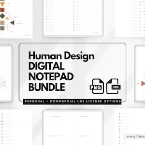 May include: A digital notepad bundle with Human Design charts and templates. The image shows various layouts, including charts with geometric shapes and lists. The bundle includes PNG and PDF files. The text reads "Human Design DIGITAL NOTEPAD BUNDLE".