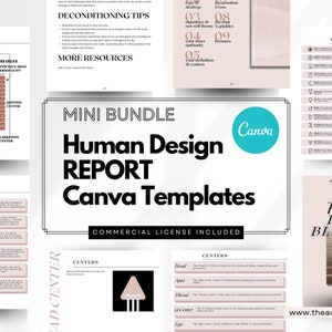 Könnte beinhalten: Eine Sammlung von Human Design Report Canva-Vorlagen. Das Bild enthält verschiedene Seiten mit Diagrammen, Grafiken und Text, darunter "Mini Bundle Human Design Report Canva Templates" und "Commercial License Included."