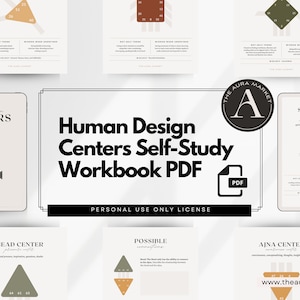 May include: A digital workbook titled "Human Design Centers Self-Study Workbook PDF" with diagrams and text. The image includes a tablet and several pages with geometric shapes and text, including "The Aura Market" logo.