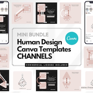 May include: A collection of Human Design Canva templates, featuring various channel designs in pink and black. The templates are displayed on mock Instagram posts, with the Canva logo and the text "MINI BUNDLE Human Design Canva Templates CHANNELS".