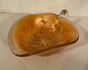 Vintage Marigold Carnival Glass Dugan "Leaf Rays" Nappy Handled Candy Dish