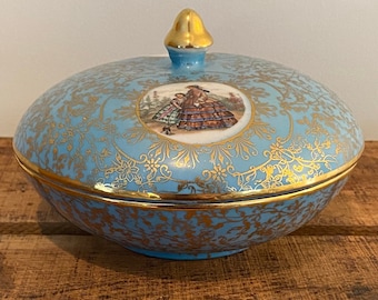 Vintage  M&R Coverd Trinket Dish or Candy Bowl Hand Painted Turquoise and Gold
