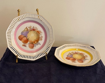 Set of 2 Schumann Germany Bavaria Reticulated Porcelain Plate Fruit Pattern 7.5"