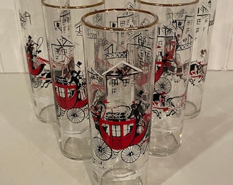 Libbey Beverage Glasses Stagecoach Collins Set of 6 Winter Christmas Holiday Gold Rim 7"