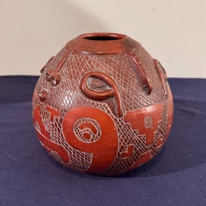 Red Terracotta Pottery Bowl Geometric Pattern South American