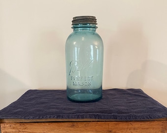Vintage Ball Perfect Mason Aqua Quart Size 1913-1922 Zinc Lid with Milk Glass