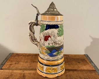 Vintage Japan Music Box Stein German Style with Lid Large 10" Tall