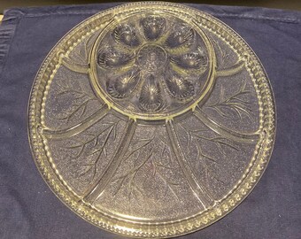 Clear Cut Glass Holiday Party Serving Plate Platter Tray Egg Oyster Dish
