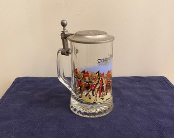 Original Bierzug Beer Stein Tankard Pewter Lid German ALWE Heavy Glass 6" Tall