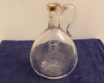 Heavy Glass Decanter Etched and Monogrammed on both sides 8" Tall