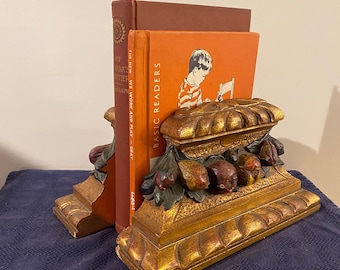 Vintage Americana Bookends Gold Fruit Library Home Decor Large 10" Wide