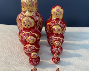 Russian Matryoshka Nesting Stacking Dolls Wood Signed Set of 10