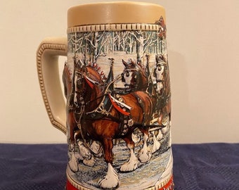 1988 Anheuser Busch AB Budweiser Bud Holiday Christmas Beer Stein Clydesdales 1988 Anheuser Busch AB Budweiser Bud Holiday Christmas Beer Stein Clydesdales