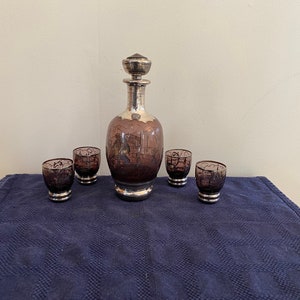 Vintage Mid Century Amethyst Glass With Silver Overlay Decanter with 4 Glasses