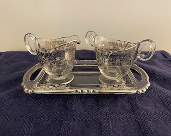 Stunning Vintage 3 Piece Sterling Silver Overlay Glass Creamer Set With Tray