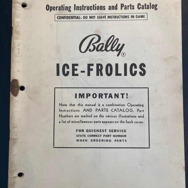 ORIGINAL Bally Pinball Manual "Ice Frolics" Pinball Operating Instruction Parts