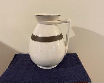 Antique Vtg White Ironstone Pitcher or Wash Basin Brown Striped Large 11" Tall
