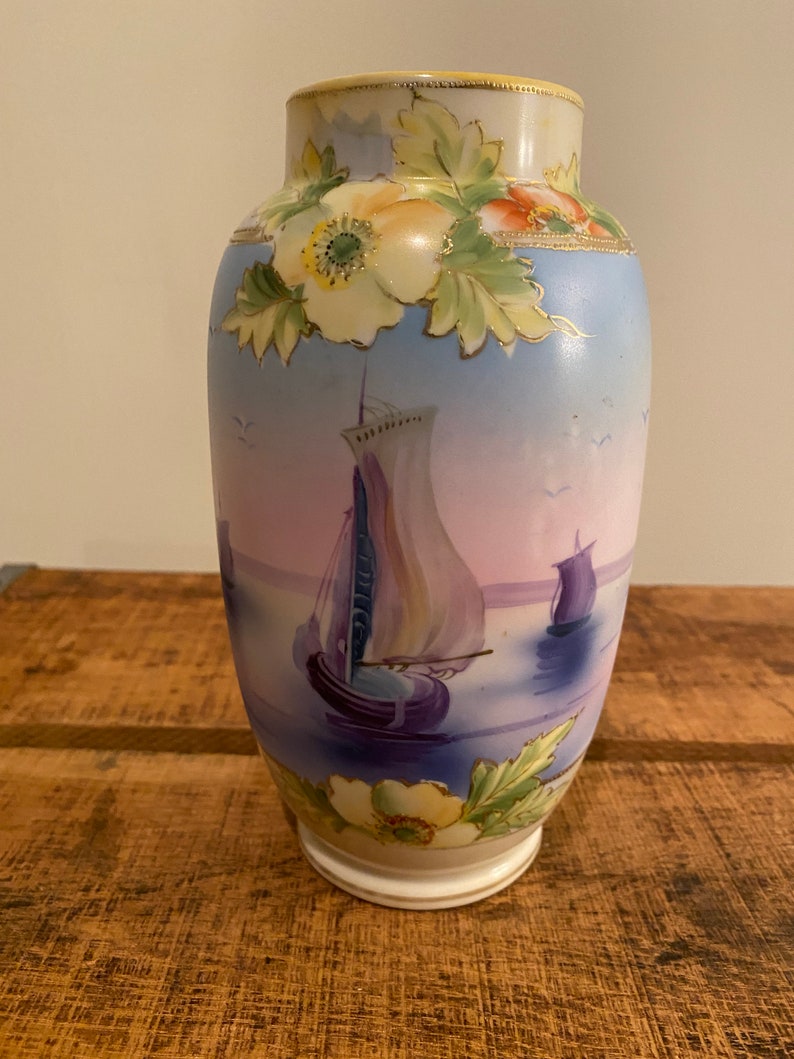 Antique Nippon Hand Painted Vase Gold Beading 7 Seascape - Etsy