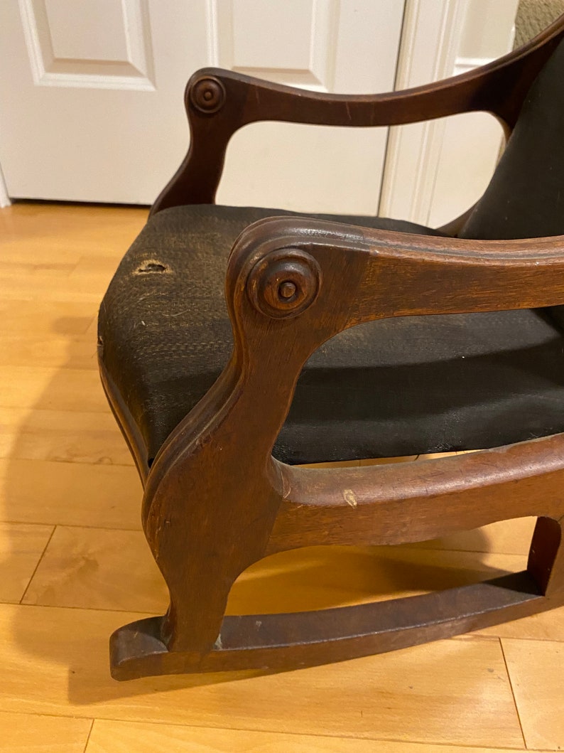 Antique Wooden Childrens Rocking Chair Original Upholstered Seat Etsy