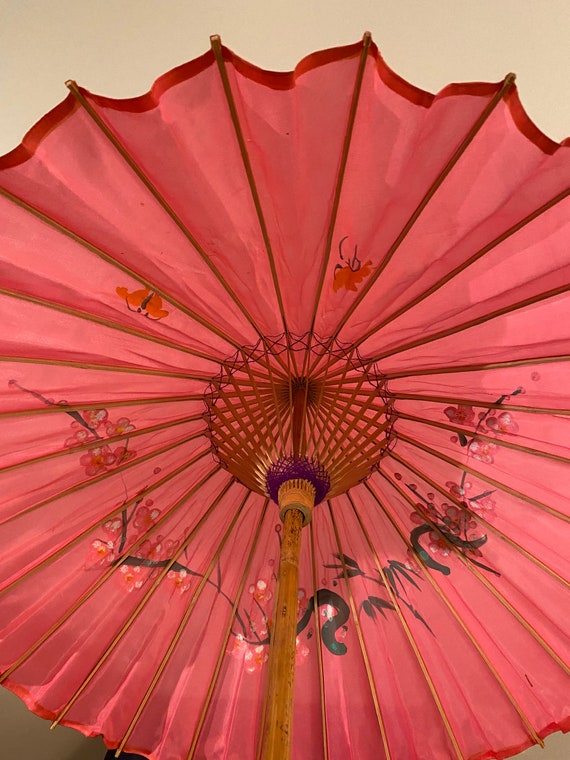 Vintage Hand Painted Wooden Parasol Flowers Intri… - image 5
