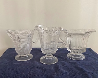 Set of 3 EAPG Pressed Glass Clear Creamers Handled Pattern Popcorn & Egyptian