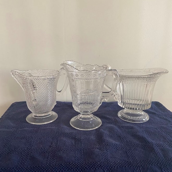 Set of 3 EAPG Pressed Glass Clear Creamers Handled Pattern Popcorn & Egyptian