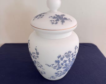 Satin Glass Frosted White Blue Floral Large Urn or Covered Vase