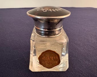 Cut Glass Scent or Perfume Bottle Sterling Silver Inlay Top with Faux Tortoise
