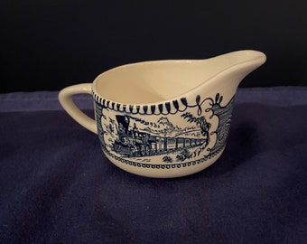 Vintage Currier & Ives Royal China creamer pitcher blue and white express train